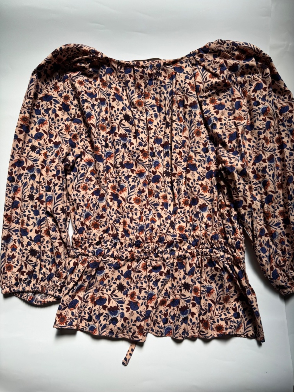 LOFT Floral Peplum Blouse Large Pink Blue V-Neck 3/4 Sleeve - Picture 3 of 4